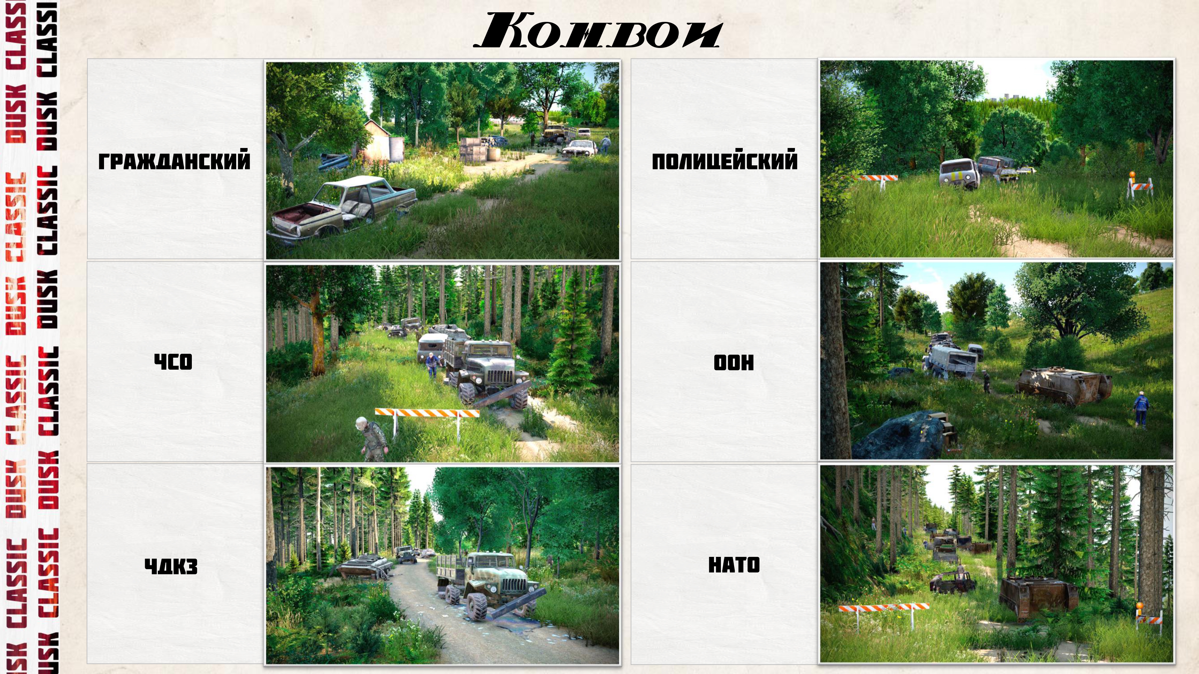 Схема разновидностей конвоев: гражданский, полицейский, ЧСО, ООН, ЧДКЗ и NATO